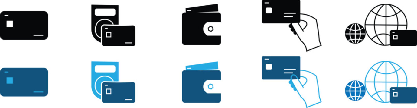 Credit card icon set. Credit card payment icons symbol. Hand swipe credit card flat icon for online payment. Seamless payment options with modern credit card icons
