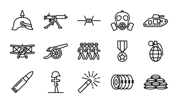 World War I Military Icons, Vintage Warfare Symbols, Retro Combat Elements, Historical Army Set