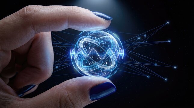 Woman's fingers holding glowing holographic quantum computing orb with qubit circuits and probability waves, advanced dark science technology concept.