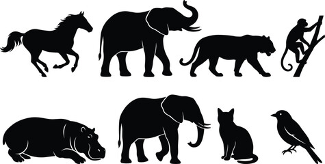 Collection of wild and domestic animal silhouettes featuring elephant horse tiger monkey hippo cat and bird isolated on white © MdSohel