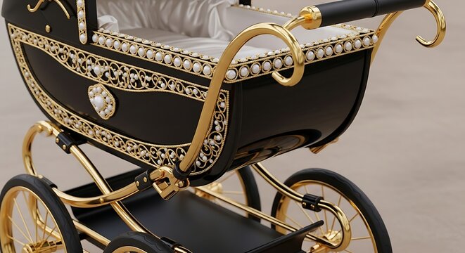 Luxury baby carriage gold details.