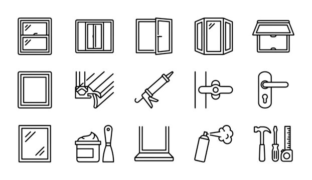 Window Installation Icons Set, Building Renovation Tools, Home Improvement Vector Graphics