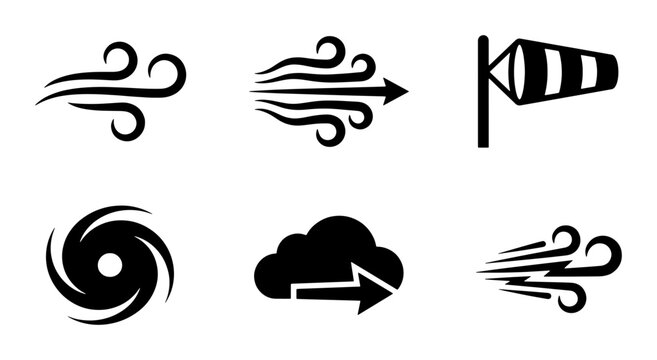 Wind Icons Set: Weather, Airflow, Hurricane, Cloud, Wind Sock, Meteorology Symbols
