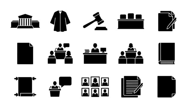 Justice Icons, Legal Symbols, Courtroom Graphics: Law, Order, Justice System Vector Set