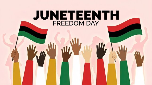 Raised hands holding Juneteenth flags celebrating Freedom Day with diverse group