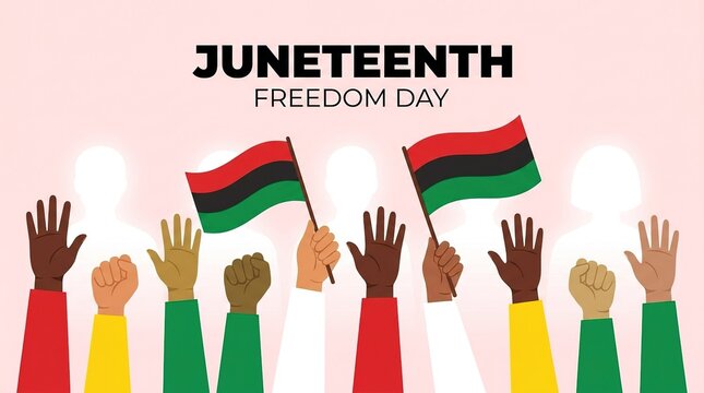 Juneteenth Freedom Day celebration with raised hands and flags