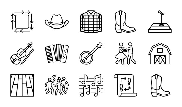 Country Music Icons, Western Wear, Barn Dance & Instruments Vector Set