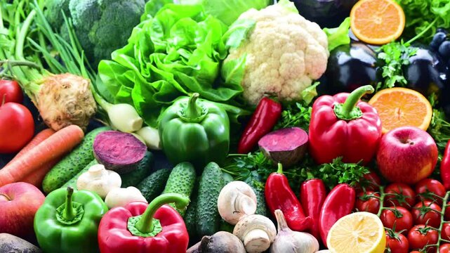 Fresh raw vegetables and fruits. Ingredients of vegan diet.