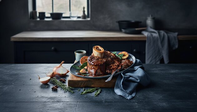 Gourmet beef osso bucco with herbs on dark background