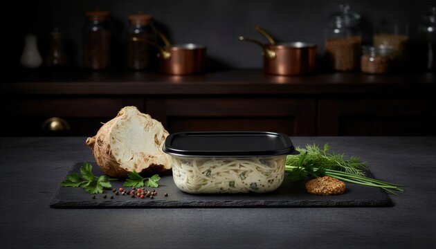 Gourmet celeriac slaw with herbs on dark slate