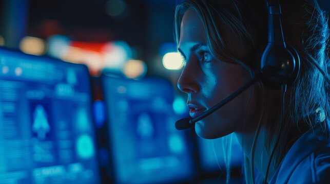 Female gamer focused on computer screens with headset in dark room  