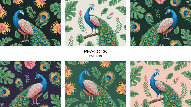 Colorful peacock pattern with tropical leaves and flowers in vibrant design