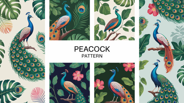 Colorful peacock patterns in various artistic styles and backgrounds