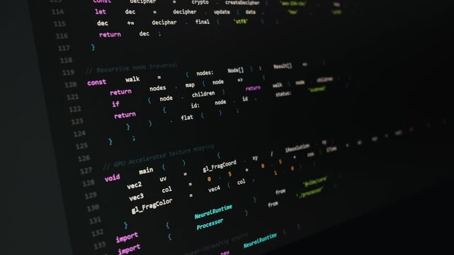 A dark screen displays colorful lines of programming code including functions for recursive traversal and neural network processing. Concept of artificial intelligence and software engineering.