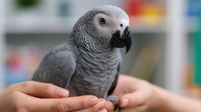 Close-up of a gentle gray parrot held carefully in human hands indoors