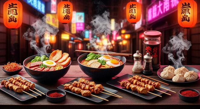 Delicious Japanese Ramen and Yakitori Skewers with Steaming Bowls and Lanterns