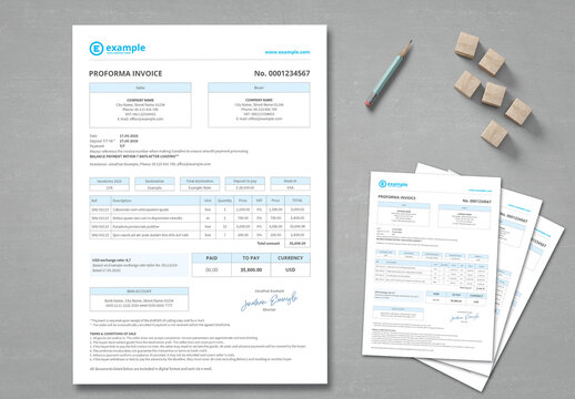 Pro-forma Invoice Template A4 and US Letter in Clean Tabular Style 