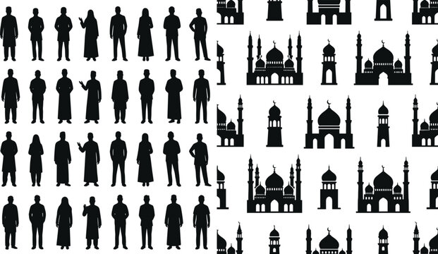 Large collection of Muslim people silhouettes and Islamic mosque pattern set featuring men women in traditional dress and architecture