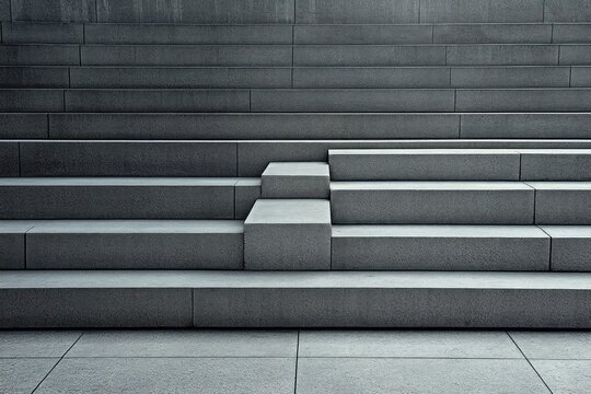 minimal gray concrete steps with a central raised block, clean geometric lines and a calm austere mood