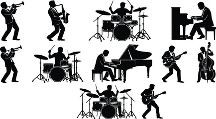 Professional jazz band musicians silhouette set featuring pianist drummer guitarist saxophonist and trumpet players performing on musical instruments © MdSohel