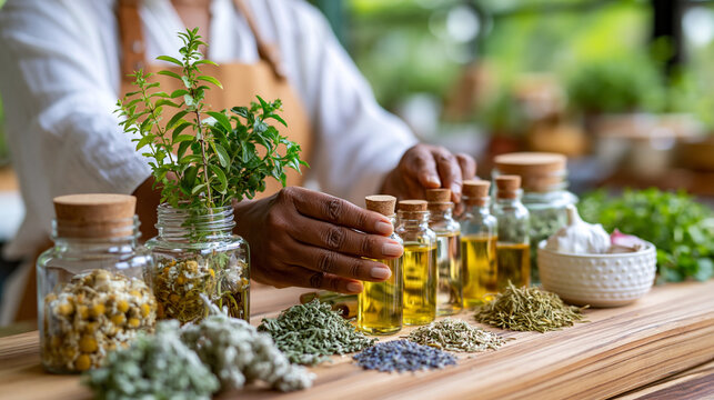 Close-up of a South Asian woman's hands crafting herbal tinctures in a rustic kitchen with dried herbs, traditional wellness concept, cultural natural remedy photography, herbal