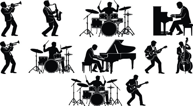Professional jazz band musicians silhouette set featuring pianist drummer guitarist saxophonist and trumpet players performing on musical instruments