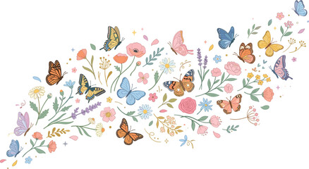 Colorful hand drawn vector illustration of butterflies and wildflowers flying in a horizontal wave over a white background scene.