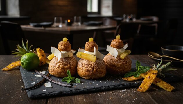 Gourmet religieuse pastries on a dark slate background