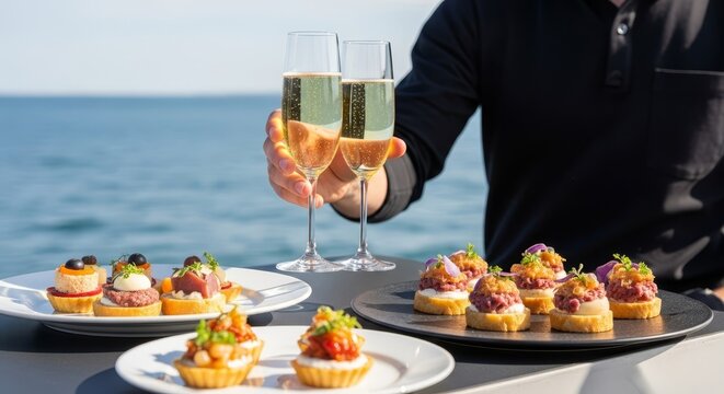Elegant champagne toast with gourmet appetizers served outdoors by the sea at a luxurious celebration event