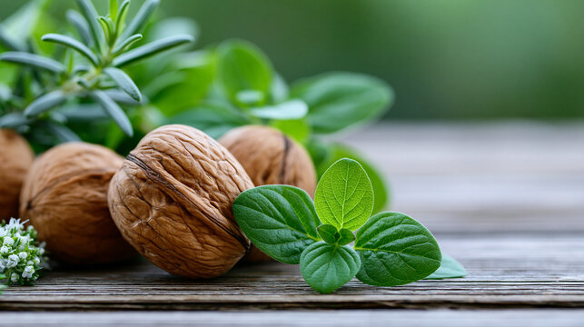 Close-up of Juglans regia walnut nuts and herbal elements representing a natural heart remedy, alternative cardiac health concept, natural supplement photography, herbal heart