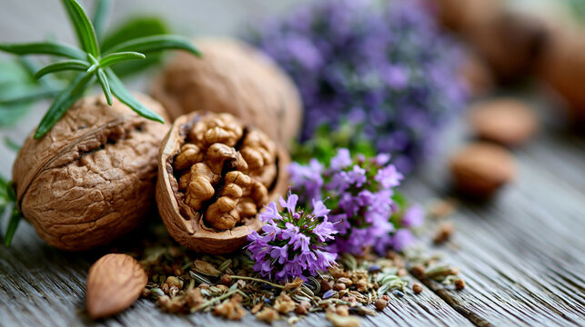 Close-up of Juglans regia walnut nuts and herbal elements representing a natural heart remedy, alternative cardiac health concept, natural supplement photography, herbal heart