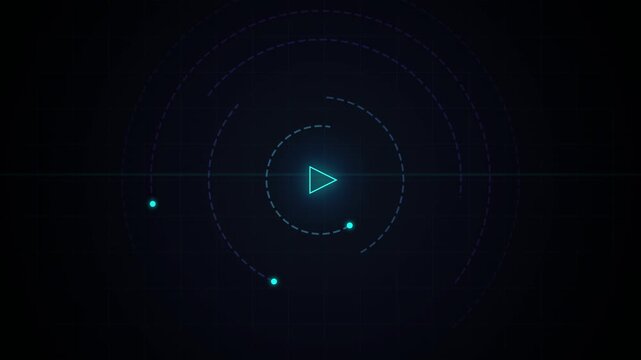 Digital HUD Interface with Rotating Neon Orbits and Play Icon Animation
