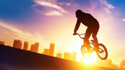 Fototapeta premium A silhouette of a BMX rider performing a trick against a vibrant sunset skyline backdrop