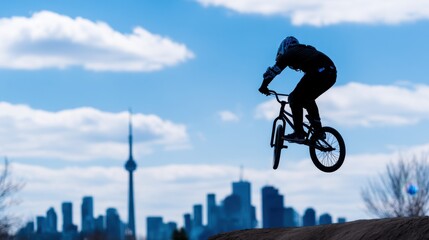 Fototapeta premium A silhouetted BMX rider performs a jump against a city skyline under a cloudy sky