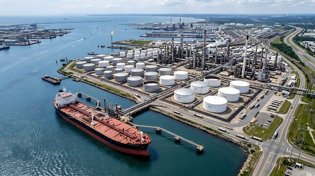 Oil tanker docked at industrial storage facility