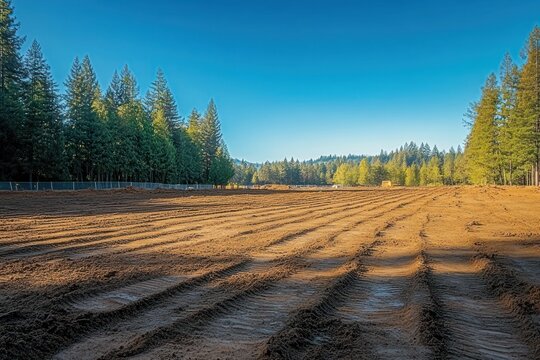 Freshly graded earth with parallel machinery tracks stretching toward a pine forest under a clear blue sky, warm sunlight and long shadows conveying calm anticipation