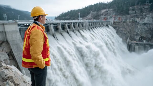 Engineer Contemplating Dam: An engineer, clad in protective gear, gazes pensively upon a mighty dam as water torrents powerfully through its gates.