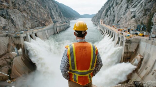 Engineer at the Dam: An engineer, dressed in a safety vest and hard hat, stands before a majestic dam, observing the powerful cascade of water.