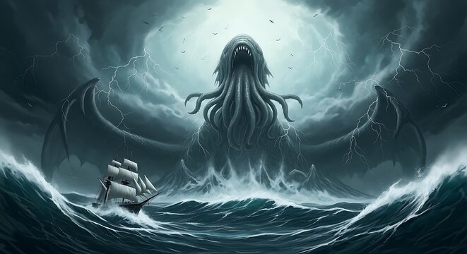 Mythical sea monster attacking a ship.