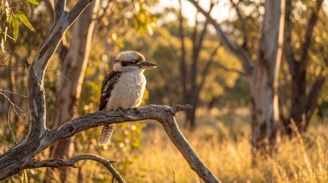 A kookaburra perches on a branch in a sunlit forest with trees and grass.