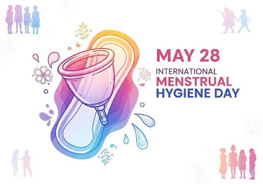 Menstrual hygiene day awareness poster with colorful menstrual cup and water droplets design