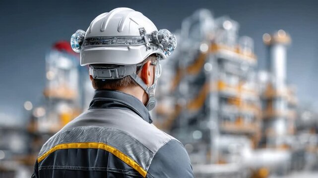 Visionary Oversight: A skilled technician, equipped with advanced safety gear, surveys a modern industrial complex, symbolizing expertise and commitment to operational excellence.