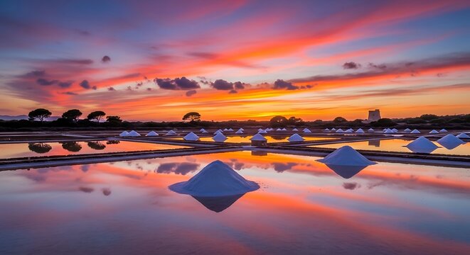 Salt pans reflection at colorful sunset.
