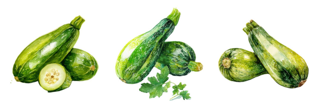 Fresh green zucchini squash watercolor painting bundle showcasing organic vegetables, healthy eating, and garden produce, illustrating nutrition for vegetarian diets