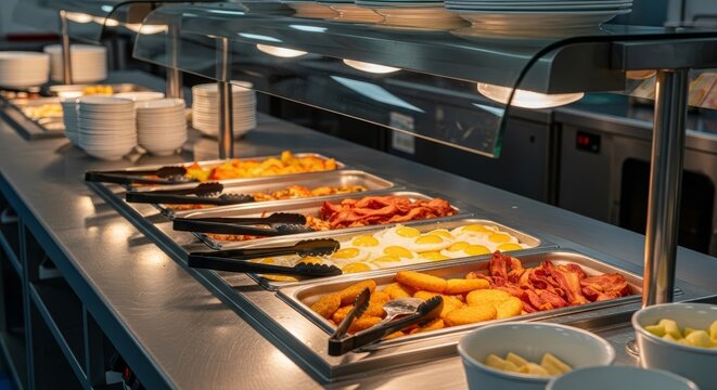 Abundant protein-rich breakfast buffet selection showcasing a variety of hot and cold dishes