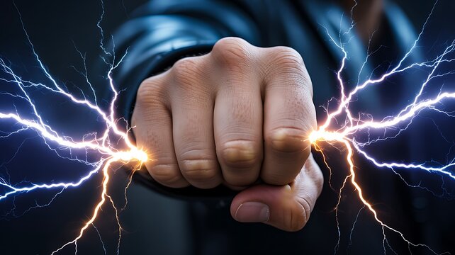 Powerful human fist with electric lightning energy and strength concept