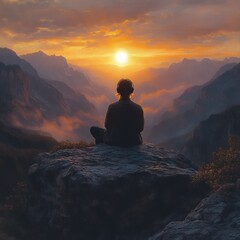 Fototapeta premium solitary figure with headphones seated on a rocky cliff at golden sunset, overlooking a misty mountain valley in a calm, contemplative mood
