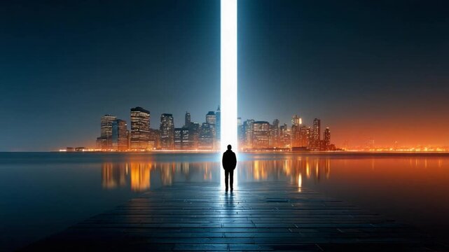 Embracing The Light: A silhouette stands before a radiant beam of light. Reflecting the city's illuminated skyline in the water, under a gradient sky, the scene captures themes of hope, aspiration.