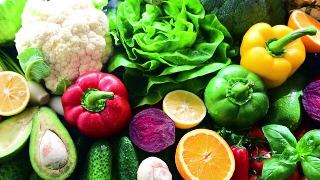 Fresh raw vegetables and fruits. Ingredients of vegan diet.