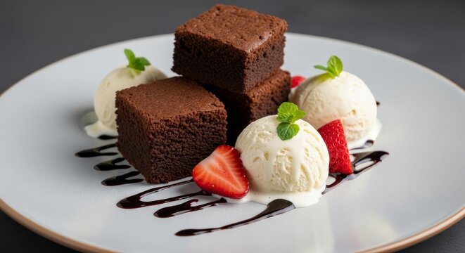 Rich Chocolate Brownies and Vanilla Ice Cream with Strawberry and Mint Garnish on a Dessert Plate